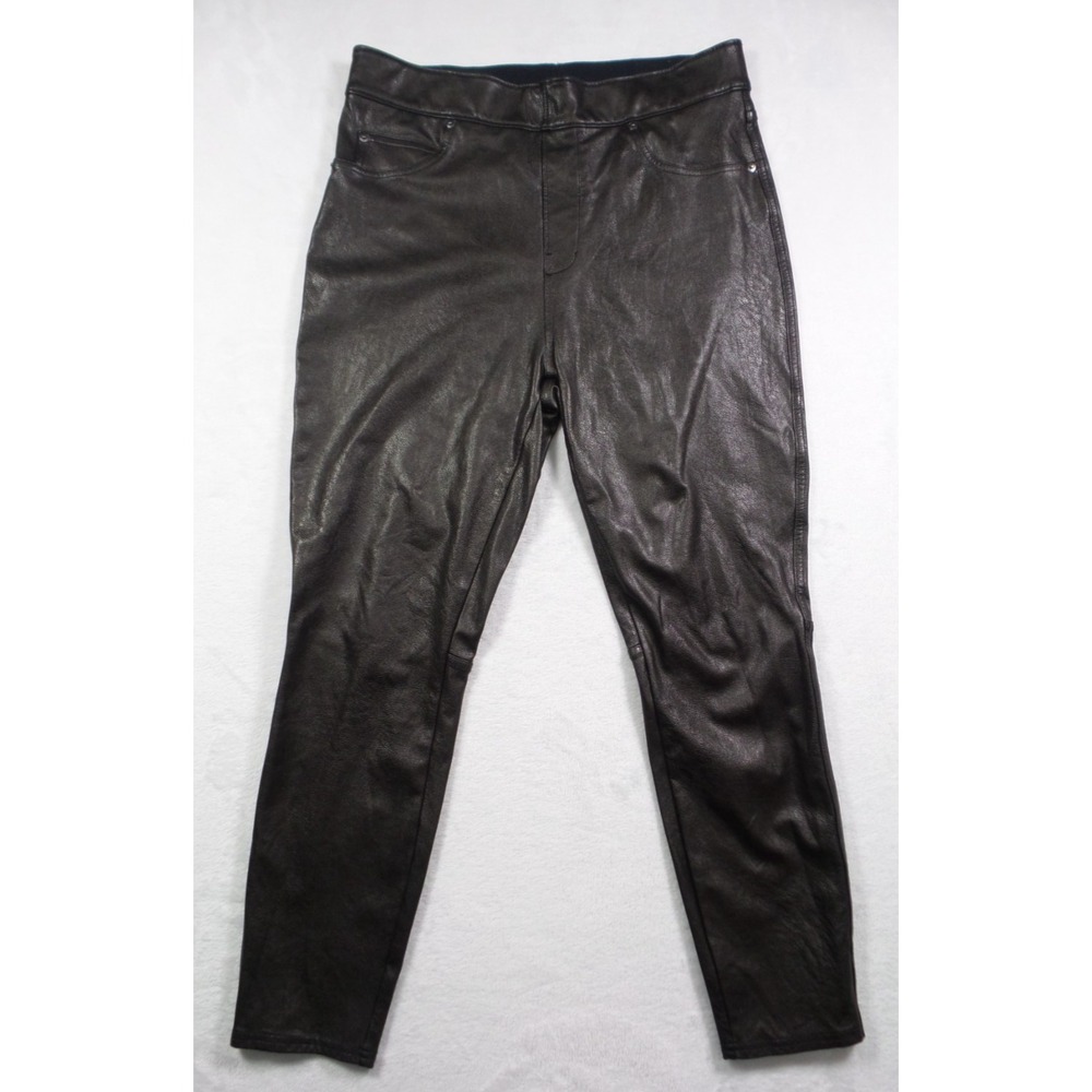 Spanx Pants Womens Size Petite Medium Black Leather-Like Ankle Skinny Pull On
